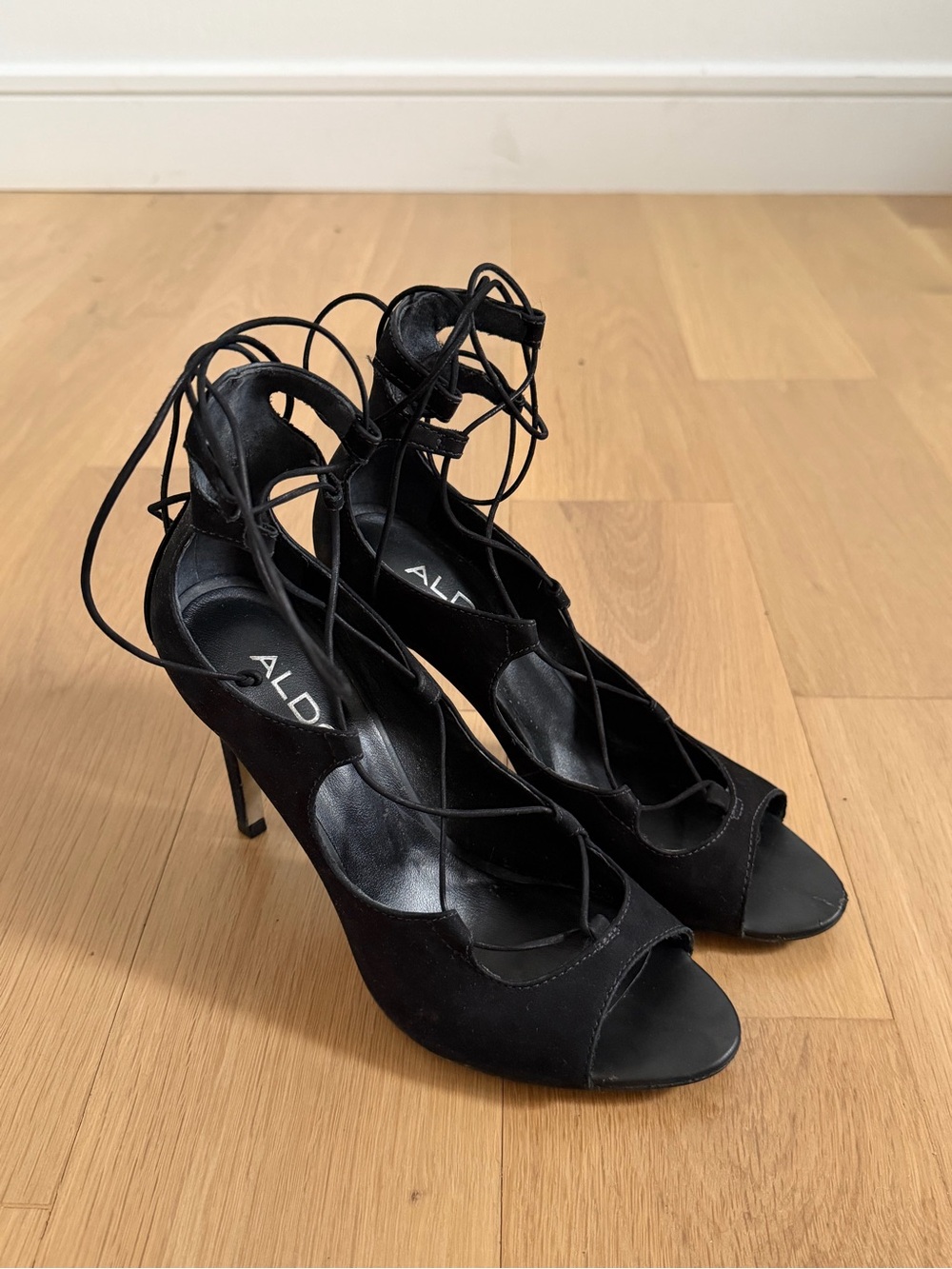 ALDO Black Suede Lace-Up Peep Toe Stilettos